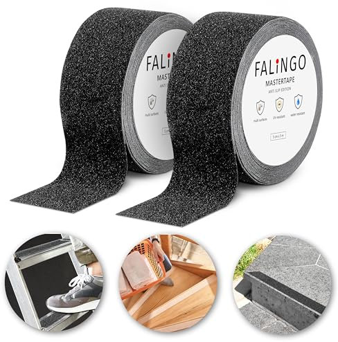 FALINGO Ruban adhésif antidérapant, 2 rouleaux 5 cm × 5 m, en PVC autocollant, pour escaliers et marches, à l'intérieur et à l'extérieur (Noir)