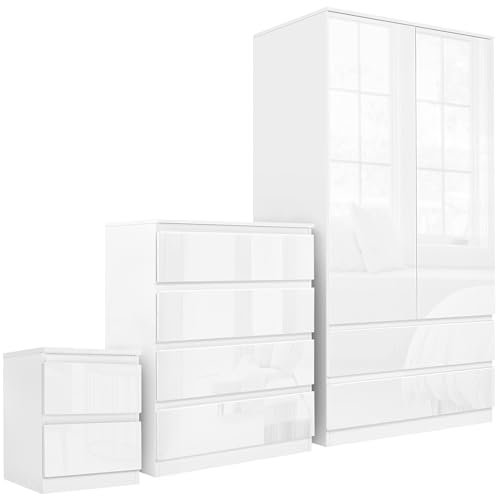 Blisswood Bedroom Furniture Set High Gloss 2 Door Wardrobe + 4 Drawer Chest of Drawer + 2 Drawer Bedside Table Cabinet with Push Up Door Mechanism Bedroom Set (White)