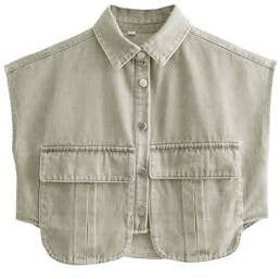 Perbai Womens Cropped Button Down Shirt Summer Collared Sleeveless Loose Denim Top with Pockets