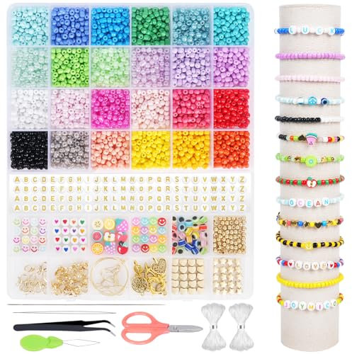 Joymico 4mm Glass Seed Beads for Bracelet Making Kit, 24 Colors Small Beads for Friendship Bracelet Necklace Jewellery Making Sets, Seed Beads Kit with Letter Beads, DIY Art Craft Gift