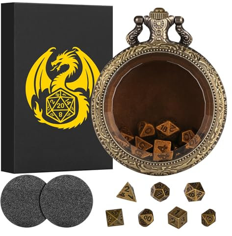 Mini DND Dice Set with Transparent Tea Brown Glass Top Pocket Watch Shell Case, 7pcs Polyhedral Metal D&D Dice Set, DND Gifts with Gift Box, Role Playing Board Games Accessories