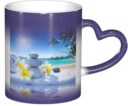 CPEOWZL Tasse thermochromique en céramique avec impression de fleurs tropicales et pierres zen dans le ciel