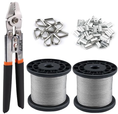 YMYP 2.2mm Wire Rope Crimping Tool with 200m 1/16’’ Stainless Steel Wire Rope Kit,400 Pcs M1.5 Aluminum Double Barrel Ferrule and 100 Pcs Stainless Steel Thimbles, Swaging Tool with Cutting Function