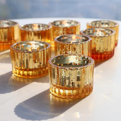 Vohocandle Gold Teelichthalter Glas – 12er Set für Hochzeiten, Teelichtgläser kleine für Windlichter Tischdeko, Teelichtglas für Weihnachten, Geburtstagsfeier, Urlaub, Party (5 × 3,5 cm, Gold)