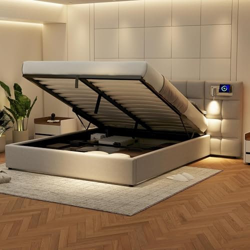 Ymkua Polsterbett Doppelbett 180x200 mit Stauraum, Stauraumbett mit USB-Port Wireless Charging, Hydraulisch Bett mit Beleuchtete Lampe Kopfteil, Jugendbett mit Lattenrost, Linen, Grau, Ohne Matratze