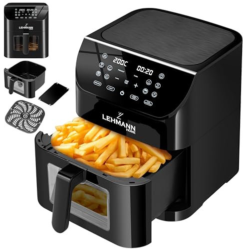LEHMANN Friggitrice ad aria calda 8L con finestra di visualizzazione, Airfryer con 12 programmi, max 200°C, inserto separatore per alimenti, antiaderente, lavabile in lavastoviglie, grigliate, cottura