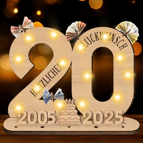 GothicBride 2025 20 Geburtstag Geschenk Mädchen Junge, 20. Geburtstag Geschenk Mädchen Holz-Schild mit LED, 20 Geburtstag Deko Gästebuch Geldgeschenke Geburtstag Deko, Personalisierbares Geschenk