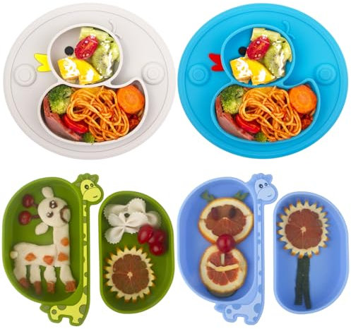 Toddler Plates 4 Pack | Silicone Baby Divided Suction Plates for Baby Kids Toddler Self Feeding| BPA Free Dishwasher and Microwave Safe (Duck/Giraffe)