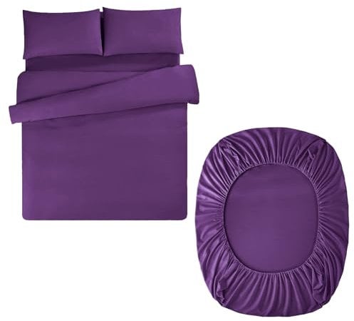 Aisbo Double Duvet Set with Sheet - Purple 4 Pieces Microfiber Bedding Set for Double Bed, Includes Duvet Cover, Fitted Sheet and Pillowcases