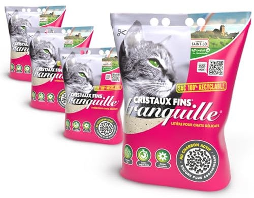 TRANQUILLE - Litière pour Chat Silice Cristaux Fins + Charbon Actif – Ultra Absorbante & Anti-Odeur – Lot de 4 x 3,70L – Litière Hygiénique sans Poussière – Confort Chat & Fraîcheur Intérieure