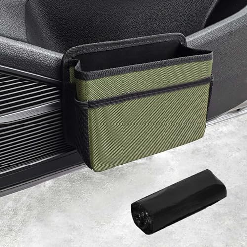 Poubelle de Porte Latérale de Voiture, Mini Poubelle de Voiture Pliable, Boîte de Rangement Suspendue de Voiture Portable avec 1 Rouleau de Sac Poubelle, pour SUV Camion Camping-car (Vert kaki)