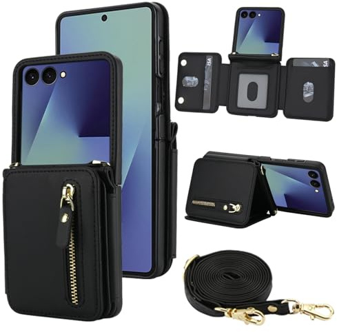XIZYO für Samsung Galaxy Z Flip 7 Leder Brieftasche Klapphülle mit Crossbody Umhängen Kordel, Reißverschluss Tasche Magnetverschluss Stoßfest Ständer Handyhülle mit Kartenfach, Schwarz