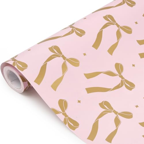 Geschenkpapierrolle für Weihnachten: Rosa Geschenkpapier mit Schleifenmuster für Weihnachten, Valentinstag, Geburtstage und Hochzeiten – 43 cm x 10 m