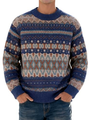 Pull d'hiver en tricot jacquard pour homme - Pull en laine jacquard - Motif norvégien - Pull classique - Col montant - Chemise de loisirs - Chemise épaisse en maille épaisse