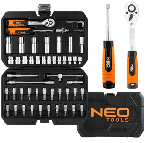 NEO TOOLS Profi Steckschlüsselsatz 1/4 Zoll 55-teilig, Ratschenkasten Set | Aus CrV Stahl, Knarrenkasten mit 72T Ratsche, Lange Nüsse & Bits, Koffer, Robust 10-201