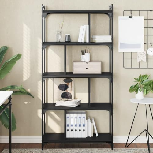 Owoxanthellate Schwarzes Standregal 76x32x158 cm, 5 Böden, Holzwerkstoff/Metall, Industrie-Design, stabil, Raumteiler für Wohnzimmer/Büro/Küche