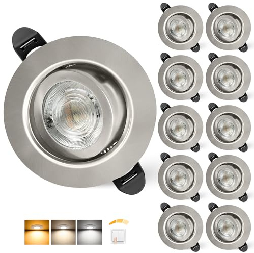 Aulaiyi LED Einbaustrahler 230V Dimmbar 68mm 5.5W IP44 LED Spot Ultra Flach | Deckenspots 45° Schwenkbar Einbauleuchten Warmweiß Neutralweiß Kaltweiß Einbauspots für Bad Wohnzimmer, Nickel 10er Set