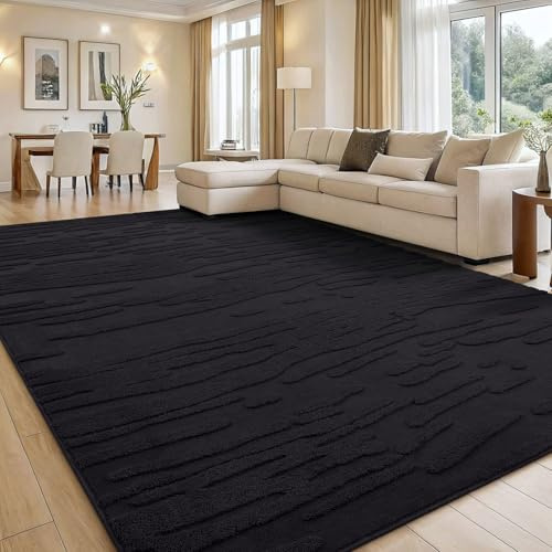 smiry Kurzflor Teppich Wohnzimmer, 120x160cm, Schwarz | Moderner Waschbar Anti-Rutsch Teppich für Schlafzimmer, Esszimmer, Büro