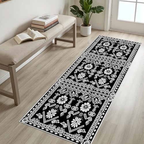 RJHDJSA Flurläufer - Teppich Vintage 80x180 cm, Geometrische Blumen Läufer Flur rutschfest, Schwarz Weiß Teppich Küche Waschbar rutschfest, Weich Bettvorleger für Schlafzimmer Küchenteppiche