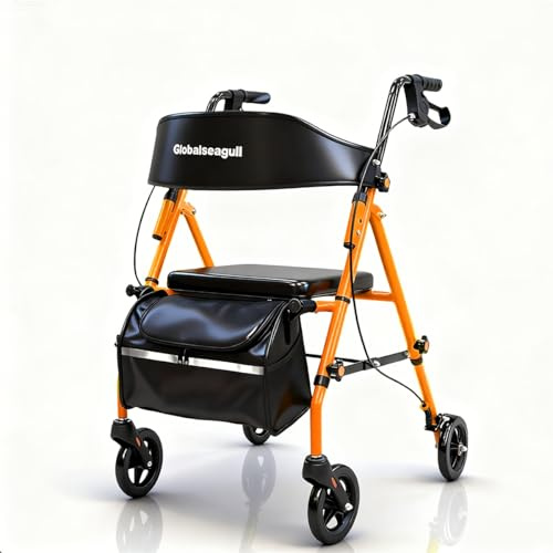 Globalseagull Rollator für Senioren, Faltbar Leicht mit Sitz,orange | Bis 159kg belastbar, 8,5kg leicht, höhenverstellbar 76-91cm, 360° Geländeräder mit Federung, Tasche, für Innen und Außen