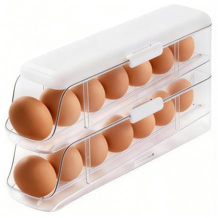 PAVSTINE Organizador de Huevos para Nevera Desmontable, 2 Pisos con Tapa | Rodillos Automáticos Hueveras Capacidad para 14 Huevo, , Transparente Dispensador de Huevos para Nevera en PET