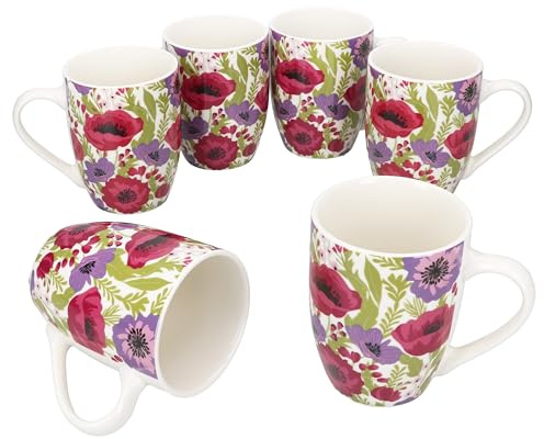 MamboCat Anouk 6er Set Kaffeebecher I 300 ml I Porzellan Becher mit floralem Dekor in Rot, Lila & Grün I Tassen für Kaffee, Tee & Kakao I ideal für Frühstück & Kaffeezeit