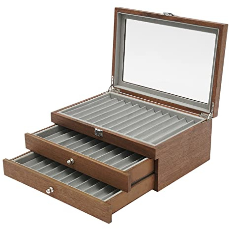 JJsdwin Walnut Wood Organizer Wooden Storage Case, Pen Display Storage Box, 3 Tiers Pen Collection Box for Bedroom and Study Room, 34 Compartments
