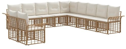 vidaXL Outdoor-Sofagarnitur 11 pcs Natürlich und Cremweiß Polyester, Modulares Garten-Sofa-Set, modernes Stahlgestell, witterungsbeständig, für die Terrasse, höhenverstellbare Füße