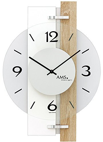 AMS 9557, aktuelles Wanduhren-Design mit Gehäuse aus Sonoma-Eiche - Aluminium-Applikationen und Glas-Elementen, Designer Wohnzimmeruhr modern, Wanduhr geräuscharm für Büros und Geschäfte