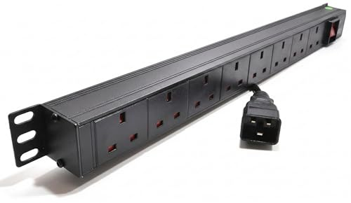 DYNAMODE 8 Way Vertical Rack Mount PDU – UK 13A Power Distribution Unit with IEC C20 Input, Switched 1.8m Cable – Server & Data Cabinet Power Strip
