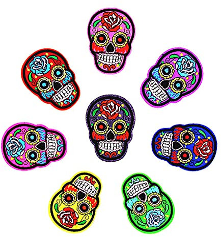 B Blesiya 8er Set Bunte Schädel Totenkopf Applikationen Aufnäher Bügelbilder Bügelflicken Iron on Patches Stickerei Dekoration