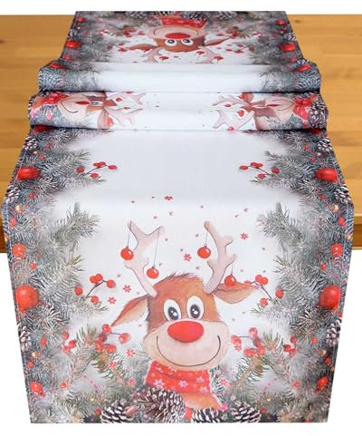 KAMACA Tischläufer 40x90 cm mit hochwertigem Druck-Motiv Küche Esstisch Eyecatcher Herbst Winter Weihnachten (Elch mit roter Nase 40x90)