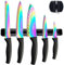 SiliSlick Messerset, 5 Scharfe Küchenmesser als Set | Titanbeschichtung mit Regenbogeneffekt, Inklusive Magnetleiste für Messer und Messerschärfer (Schwarzer Griff | Schwarze Leiste)