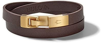 Bulova Mens Classic Bracelet with Brushed Gold Stainless Steel Hook, M, Leather Metal