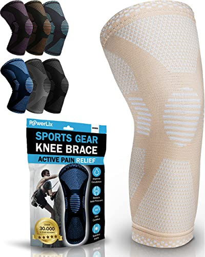 POWERLIX Kniebandage für Damen/Männer, Kompression Kniestütze für Meniskusriss, Arthritis, Linddert Kniescherzen, ACL, Laufen, Gewichtheben, Basketball, Volleyball, Sport, Beige, XL