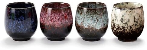 Lxuwbd Jianzhan Keramik-Teetasse, Kung-Fu-Tee-Set, Kaffeetasse, Yerba Mate-Set, Keramik-Mate-Becher, 4 Stück (4 Farben)