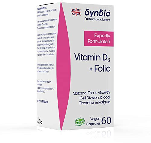 SynBio Premium - Vitamin D3 + Folic Acid | 60 Capsules | Vegan Certified | Nut Free | SOYA Free | Dairy Free | Yeast Free | Made in The UK |