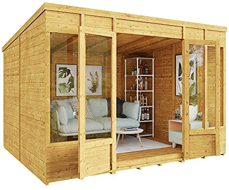 BillyOh Bella 10 x 8 Summer House Shed, Modern Pent Roof Log Cabin | Spray Treated - Garden Room with Wide Double Doors, Tongue and Groove Construction | Versatile Tiny Home or Garden Office