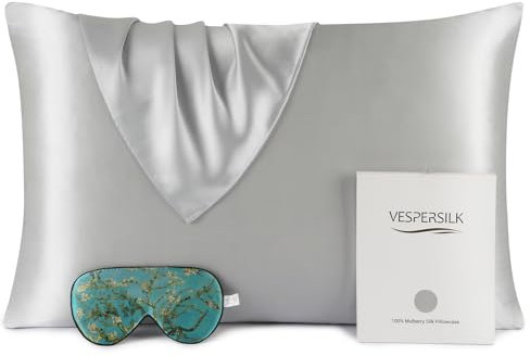 Vespersilk 100% Mulberry Silk Pillowcase & Eye Mask Set for Hair and Skin Health, 19 Momme Grade 6A Organic Silk Both Sides, with Hidden Zipper (Standard 50x75cm, Silver Grey)