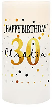 Herz & Heim® LED Echtwachs Kerze zum Geburtstag mit Beschriftung des Namens und Alters Happy Birthday