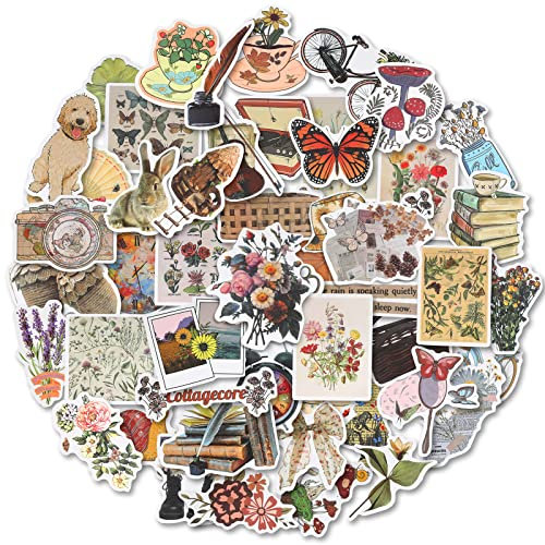 ProCase 50 Pcs Vintage Stickers for Children Adults, Cute Scrapbooking Stickers Aesthetic Retro Waterproof Vinyl Decals Stickers for Scrapbooking DIY Craft Laptop Planner Journal Paper Water Bottle