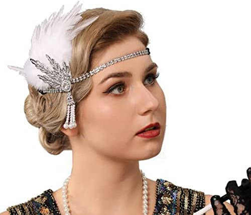 Generse Flapper Stirnbänder Quaste Kristall Feder Stirnband Great Gatsby Kopfschmuck 1920er Jahre Haarschmuck für Frauen 1 Stück (weiß)