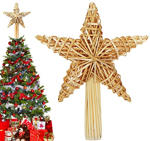 Strohstern Christbaumspitze, 20 x 30.5cm Weihnachtsbaumspitze, Baumspitze Weihnachten aus Stroh, Weihnachtsbaum Stern Spitze, Handgemachter Weihnachtsbaumschmuck für Jeder Größe Weihnachtsbäume (A)