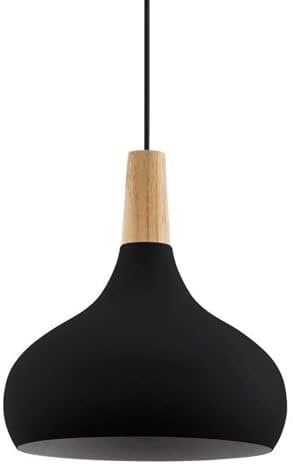 EGLO Pendelleuchte Esstisch Sabinar, Hängelampe für Wohnzimmer und Esszimmer, Esszimmerlampe aus Metall in schwarz und Holz in Natur, FSC100HB, Lampe hängend mit E27 Fassung, Ø 28 cm