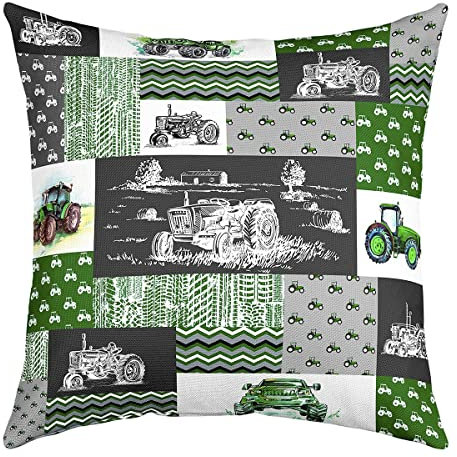 Traktoren Kissenbezug 40 x 40 cm Ausrüstungs LKWS Kissenbezug für Zuhause im Freien Büro Auto Kissenbezug für Farmhouse Harvester Karierter Kissenbezug für Grüne Fahrzeuge