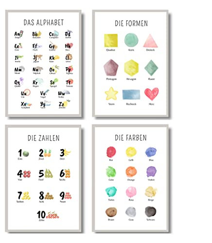 EQUIK PRODUCTS Lernposter | Für Kinder im Kindergarten, Grundschule | Kinderzimmer Deko | Montessori Lernen | 4er Poster Set | Für Mädchen und Jungen (Alphabet, Zahlen, Farben, Formen, A4)