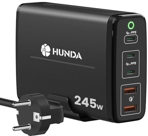245W USB C Ladegerät,HUNDA GaN USB Ladegerät Mehrfach 5 Ports,USB C Schnellladegerät Unterstützt PD3.1/PPS/QC4+/QC3.0,Kompatibel mit MacBook Pro, Dell XPS, HP, Surface Series, iPhone, ipad, Galaxy