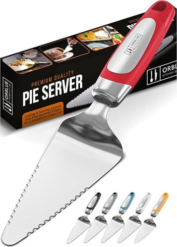Orblue Cake Slice and Pie Server, Stainless Steel Knife Cake Slicer and Server Cake Cutter with Serrated Edges for Cake Pizza (Red)