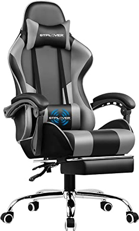 GTPLAYER Gaming Chair, Massage Computer Chairs with Footrest, Headrest and Lumbar Support Height Adjustable Ergonomic 360°-Swivel PC Chair Grey