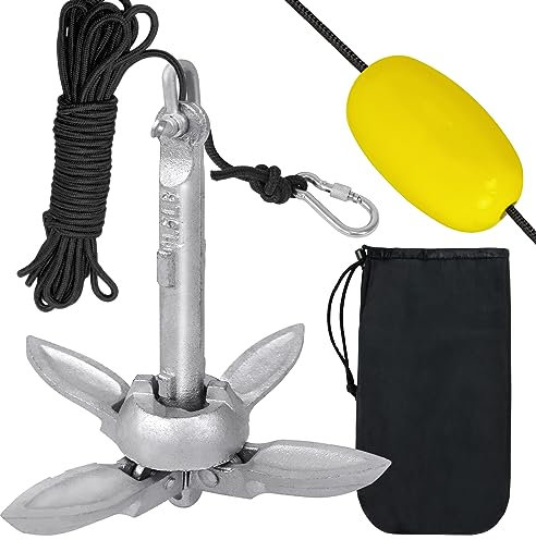 UISEBRT Bootsanker Verzinkt Anker Klappanker Faltklappanker 0,7KG Ankerset mit Karabiner, 10 Meter Ankerleine, Ankerboje und Transportbeutel, Faltanker für Boot, SUP, Kajak, Schlauchboot